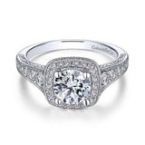 Gabriel & Co. ER7293W44JJ Vintage 14K White Gold Cushion Halo Round Diamond Engagement Ring