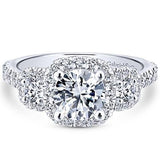 Gabriel & Co. Lavender ER12810R4W44JJ – 14K White Gold Three-Stone Halo Round Diamond Engagement Ring