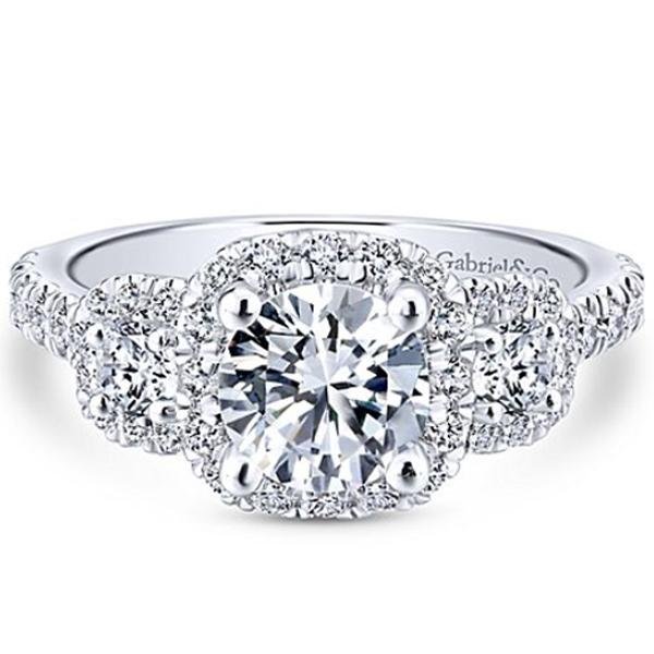 Gabriel & Co. Lavender ER12810R4W44JJ – 14K White Gold Three-Stone Halo Round Diamond Engagement Ring