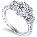 Gabriel & Co. Lavender ER12810R4W44JJ – 14K White Gold Three-Stone Halo Round Diamond Engagement Ring