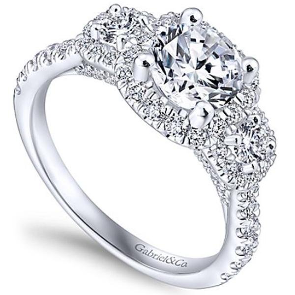 Gabriel & Co. Lavender ER12810R4W44JJ – 14K White Gold Three-Stone Halo Round Diamond Engagement Ring