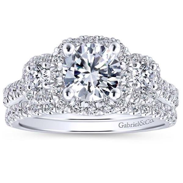 Gabriel & Co. Lavender ER12810R4W44JJ – 14K White Gold Three-Stone Halo Round Diamond Engagement Ring