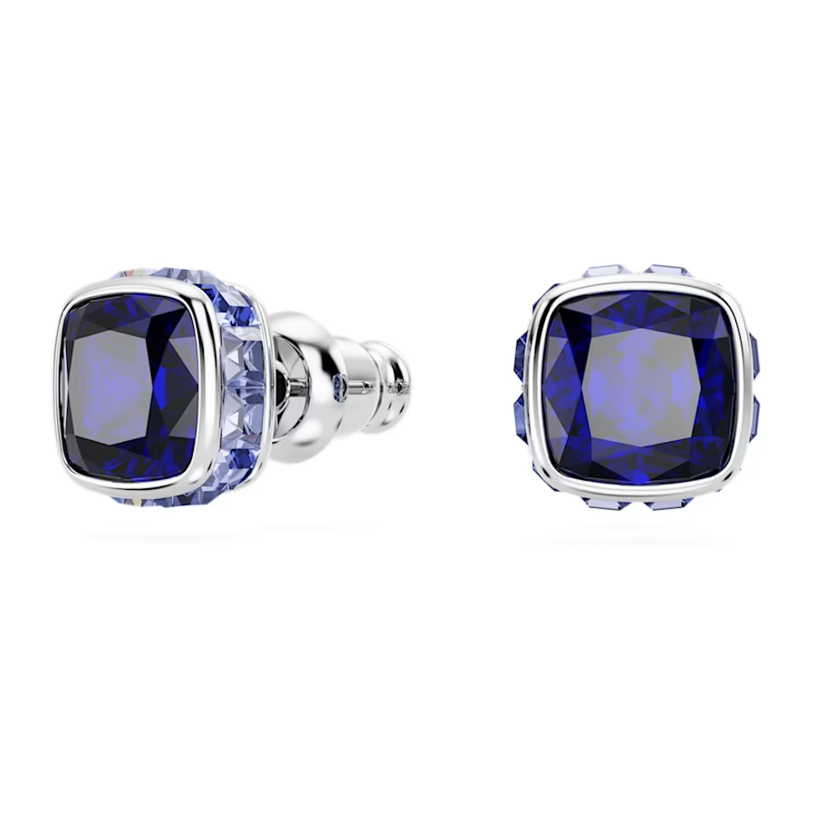 Birthstone stud earrings Square cut, September, Blue, Rhodium plated
