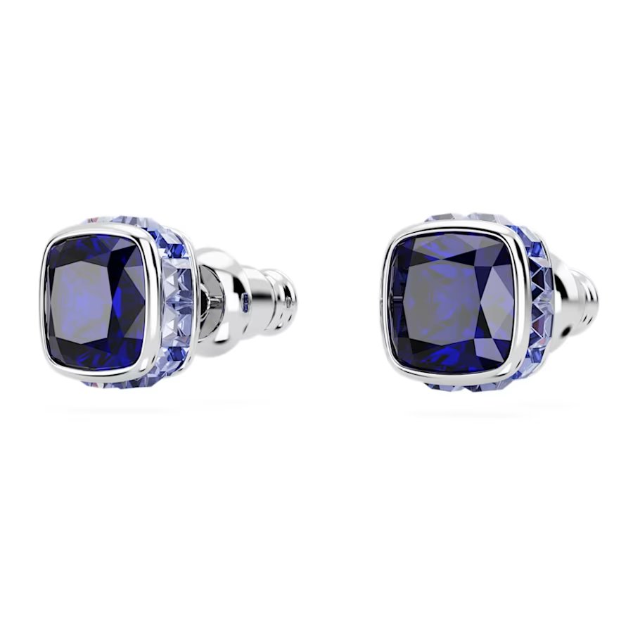 Swarovski Birthstone stud earrings Square cut, September, Blue, Rhodium plated