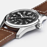 Hamilton Khaki Field Auto – 42mm Swiss Automatic Watch with Black Dial & Leather Strap (H70555533)