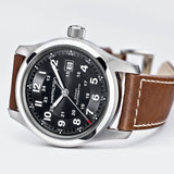 Hamilton Khaki Field Auto – 42mm Swiss Automatic Watch with Black Dial & Leather Strap (H70555533)