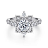 Gabriel & Co. Alexandria ER15783R4W44JJ – 14K White Gold Floral Halo Round Diamond Engagement Ring