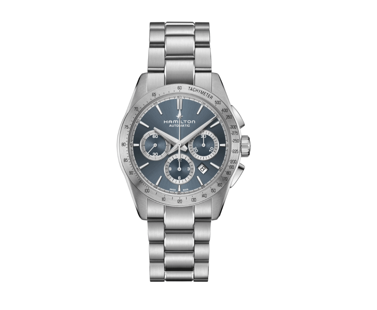 Silver Hamilton watch with a blue face on a white background