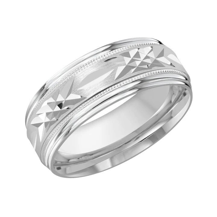 Malo Bands M3-007-8W-01 – 8mm White Gold Carved Wedding Band