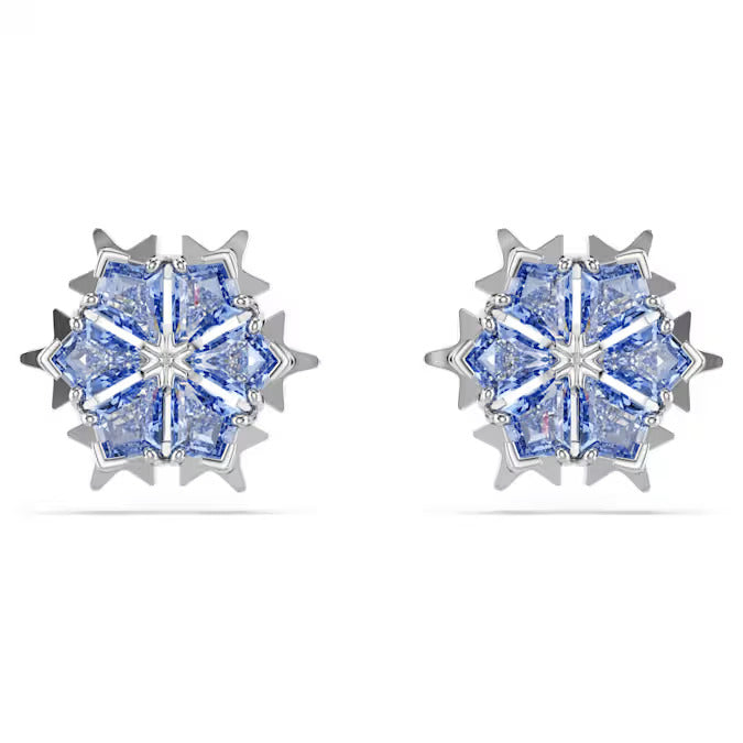 Swarovski Magic stud earrings Snowflake, Blue, Rhodium plated
