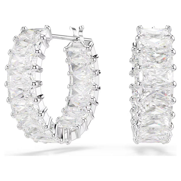 Swarovski Matrix hoop earrings Baguette cut, White, Rhodium plated