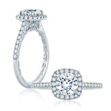 Intricate Milgrain Accent Gallery Detail Round Center with Cushion Shaped Halo Engagement Ring