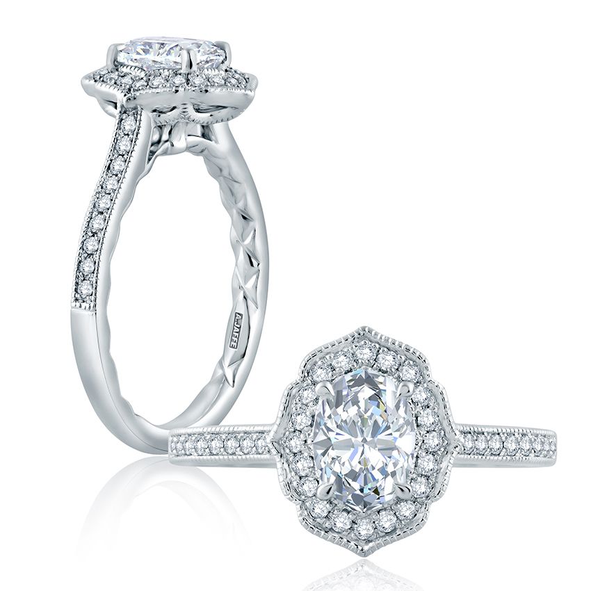 Floral Inspired Milgrain Detail Halo Oval Engagement Ring