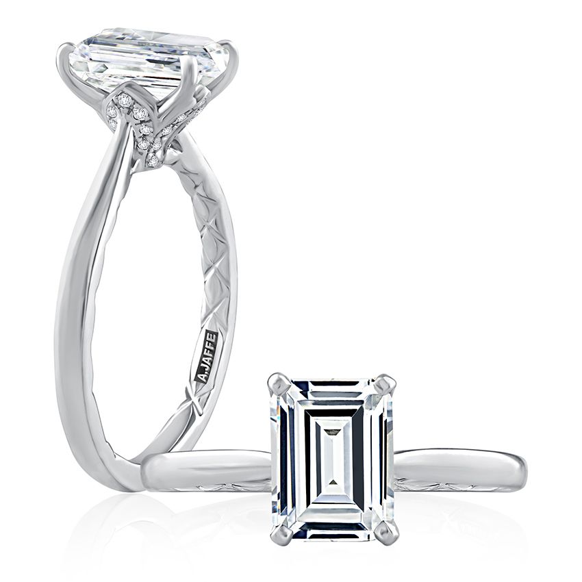 Emerald diamond solitaire with petal detail in under gallery