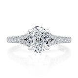 Spilt Shank Four Prong Oval Center Diamond Engagement Ring with Pave Band and Quilted Interior