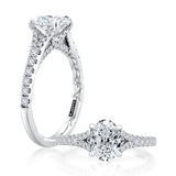 Spilt Shank Four Prong Oval Center Diamond Engagement Ring with Pave Band and Quilted Interior