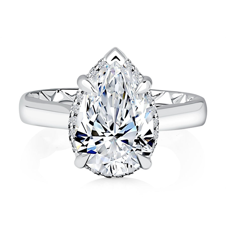 Four Prong Pear Diamond Engagement Ring with Hidden Halo and Quilts