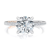 Style: MECRD2569/121  Hidden Halo Round Engagement Ring with Pave Band
