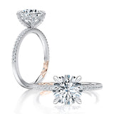 Style: MECRD2569/121  Hidden Halo Round Engagement Ring with Pave Band