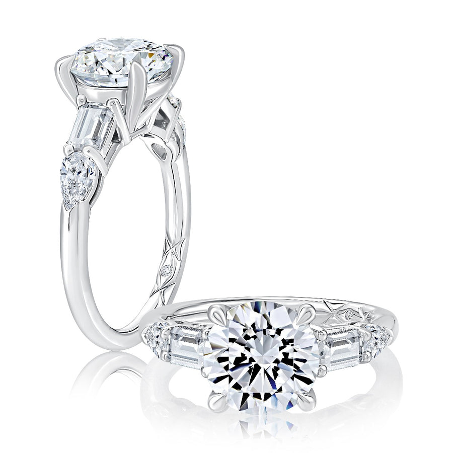 Five Stone Diamond Engagement Ring with Emerald and Pear Shaped Diamonds