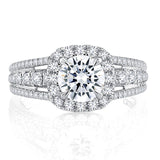 Triple Split Shank Halo Round Cut Diamond Engagement Ring