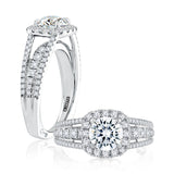 Triple Split Shank Halo Round Cut Diamond Engagement Ring
