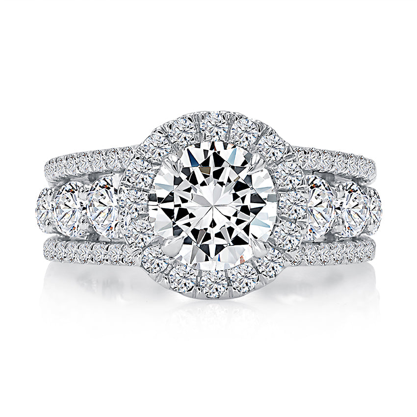 Modern Triple Row Round Halo Diamond Engagement Ring with Signature Shank