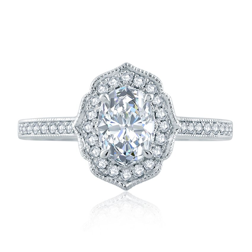 Floral Inspired Milgrain Detail Halo Oval Engagement Ring