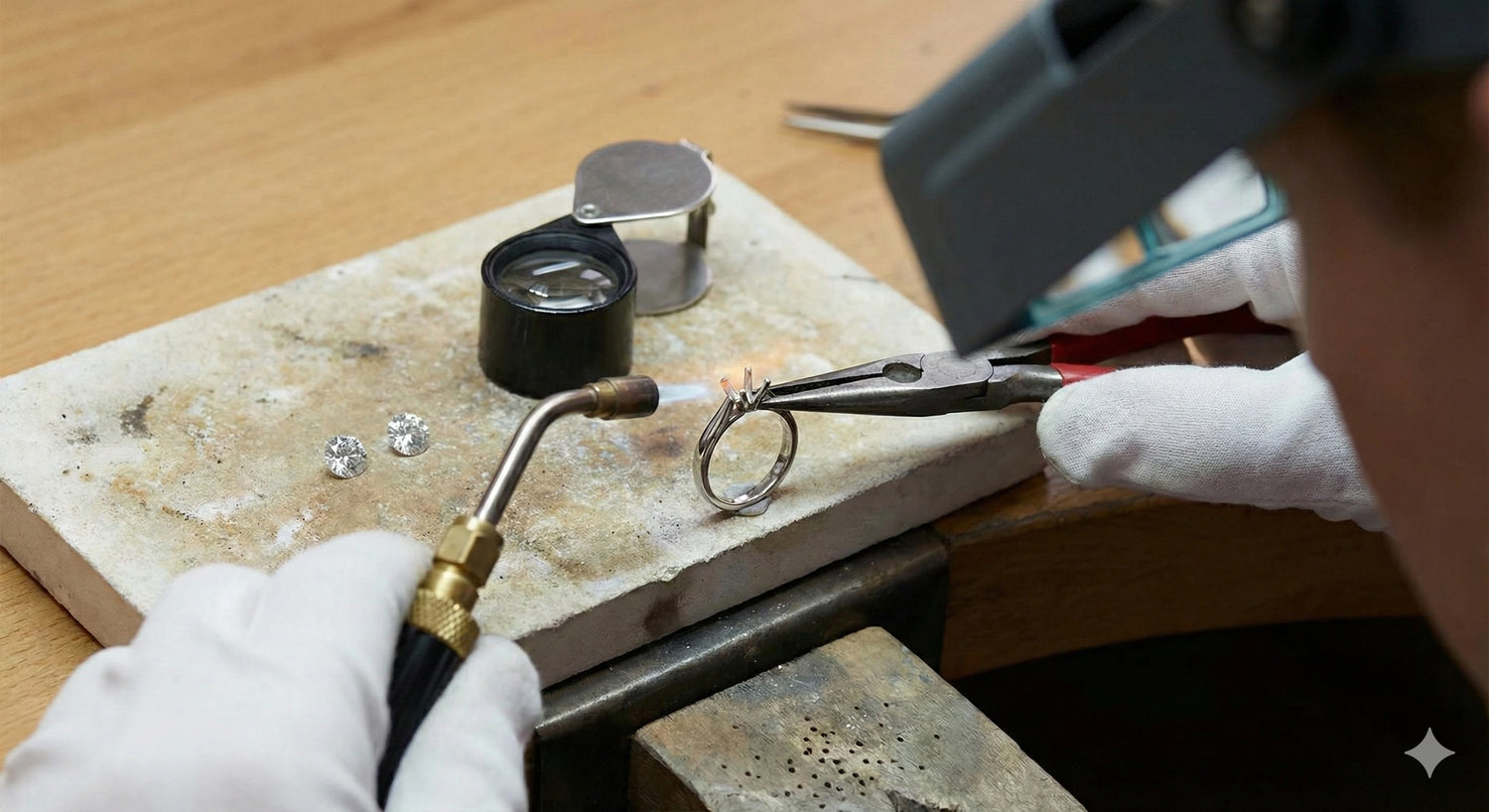 Jeweler working on a ring with tools on a workbench