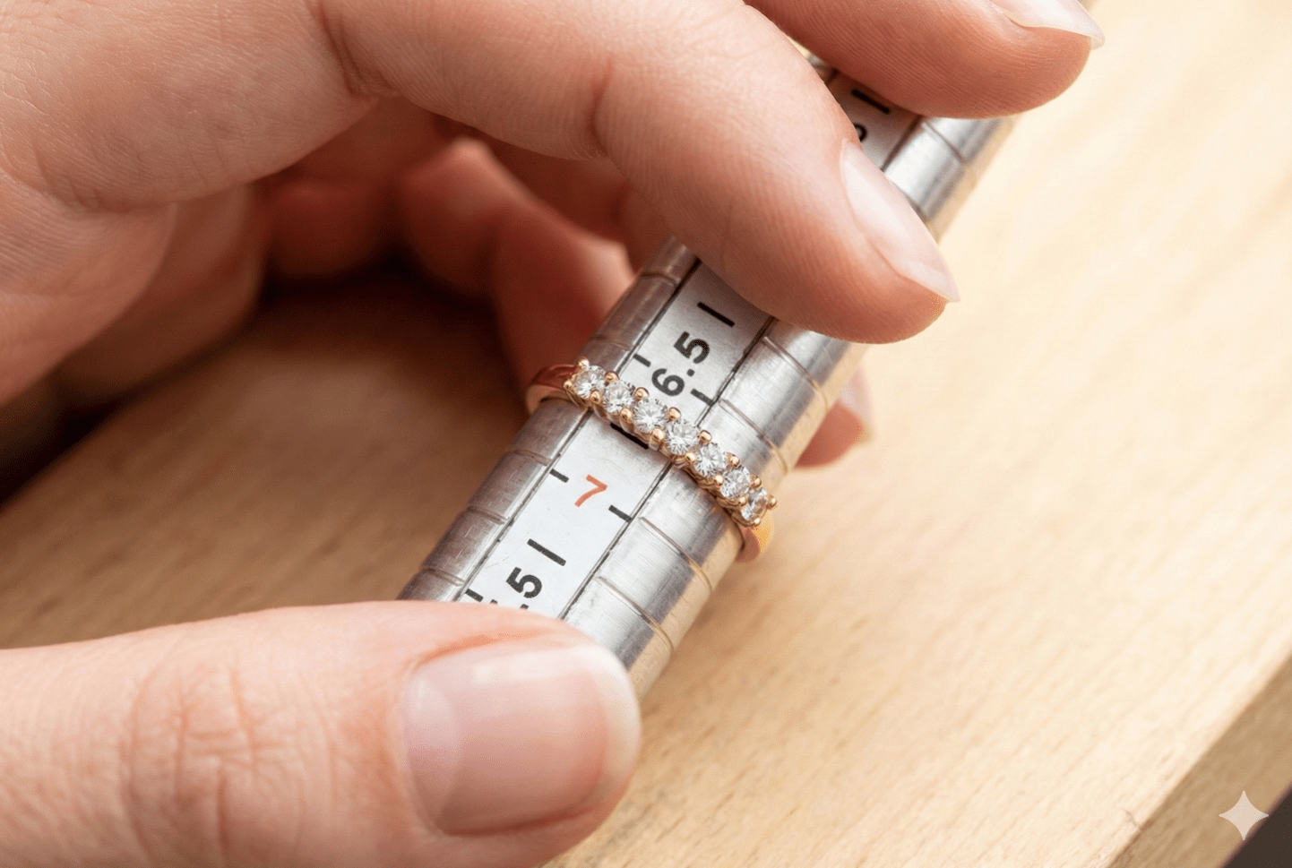 Close-up of a hand holding a ring next to a ruler on a wooden surface