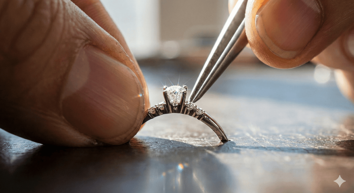 Close-up of a diamond ring being adjusted with tweezers on a reflective surface.