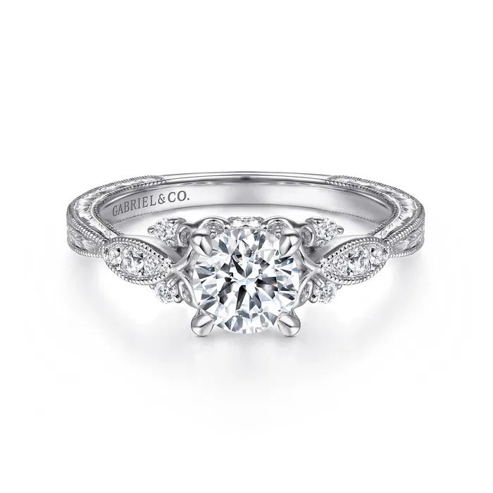 Gabriel & Co. ER14764R3W44JJ – 14K White Gold Vintage-Inspired Round Halo Diamond Engagement Ring
