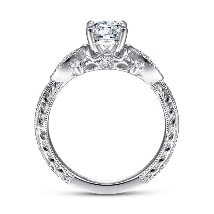 Gabriel & Co. ER14764R3W44JJ – 14K White Gold Vintage-Inspired Round Halo Diamond Engagement Ring