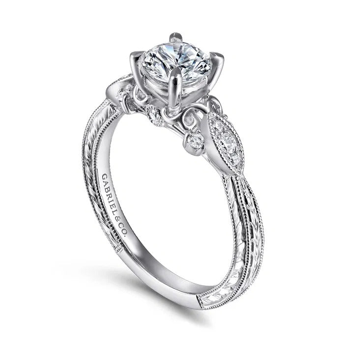 Gabriel & Co. ER14764R3W44JJ – 14K White Gold Vintage-Inspired Round Halo Diamond Engagement Ring