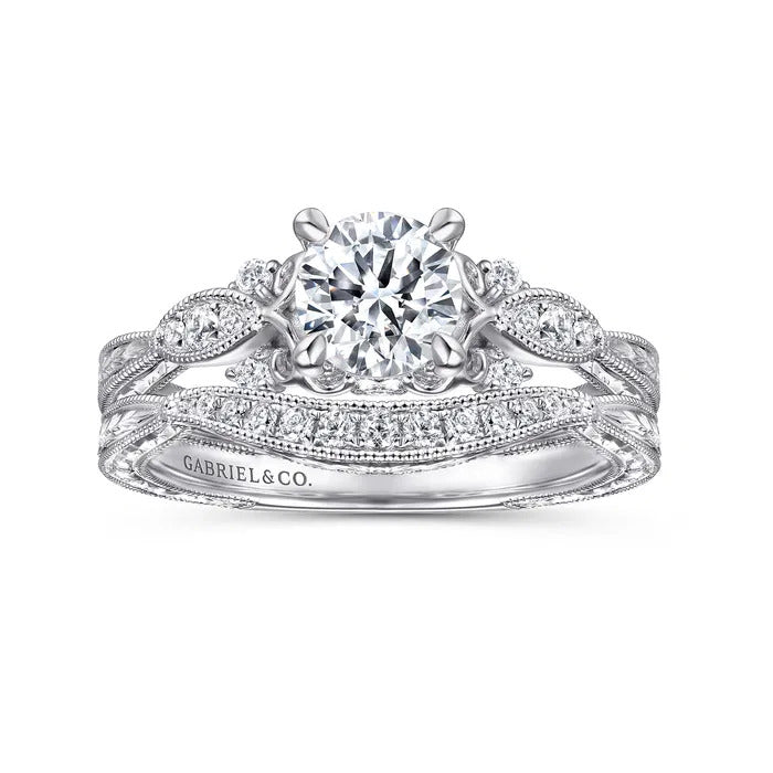 Gabriel & Co. ER14764R3W44JJ – 14K White Gold Vintage-Inspired Round Halo Diamond Engagement Ring