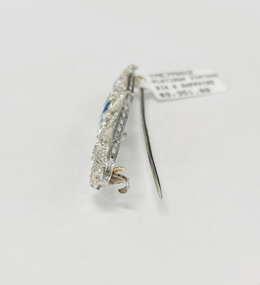 Chas. N. Hancher Co. Vintage Platinum Diamond and Sapphire Brooch