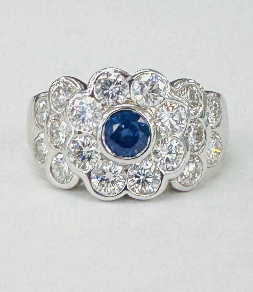 White Gold Royal Blue Sapphire An VS Diamond Statement Estate Ring