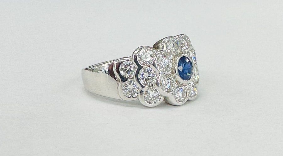 White Gold Royal Blue Sapphire An VS Diamond Statement Estate Ring