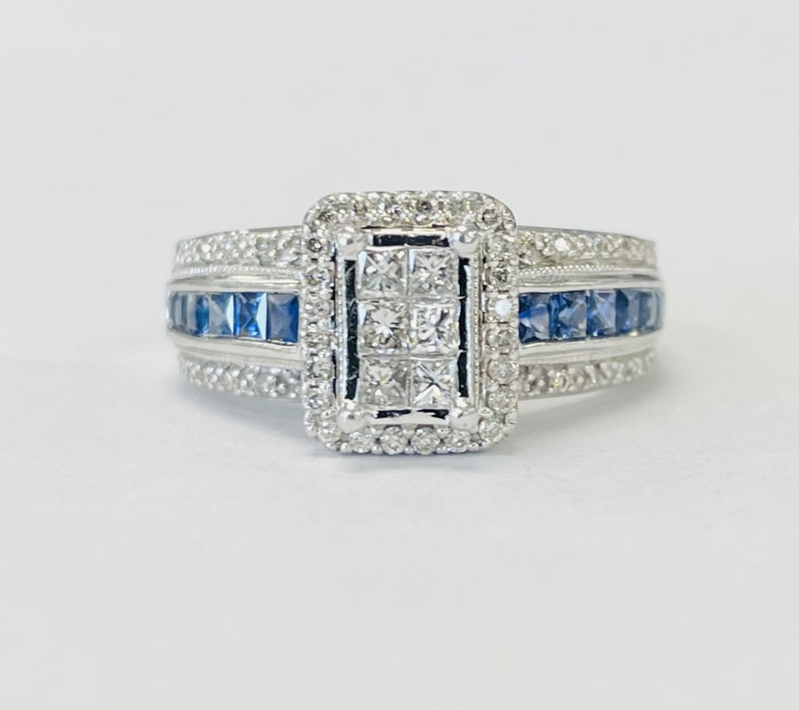 White Gold Sapphire And Diamond Composite Engagement Ring