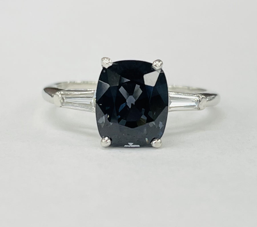 Platinum Deep Bluish Gray Spinel And Baguette Diamond Ring
