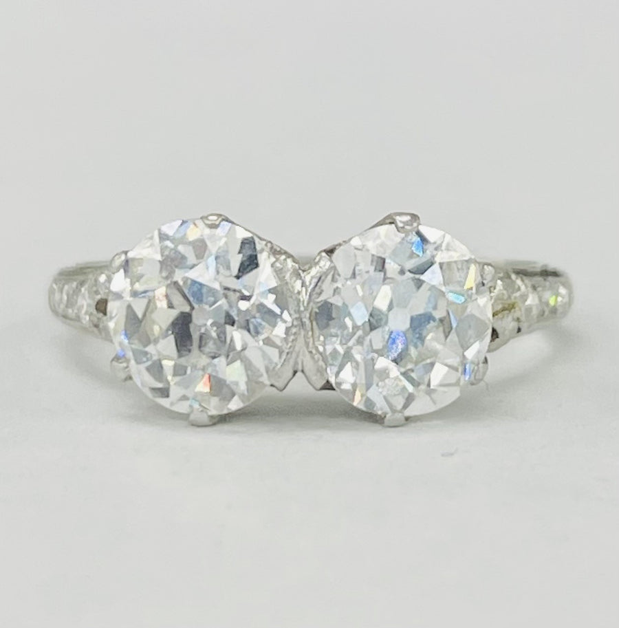Platinum 2 1/4CTW Vintage Two Stone European Cut Diamond Ring