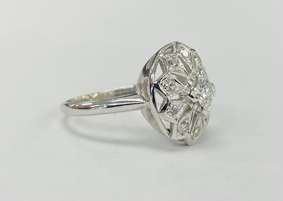 Vintage White Gold Open Work Halo Diamond Ring
