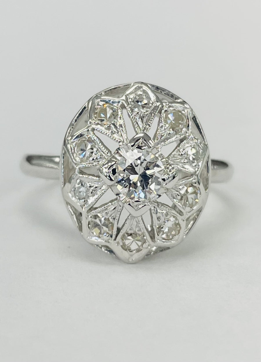 Vintage White Gold Open Work Halo Diamond Ring