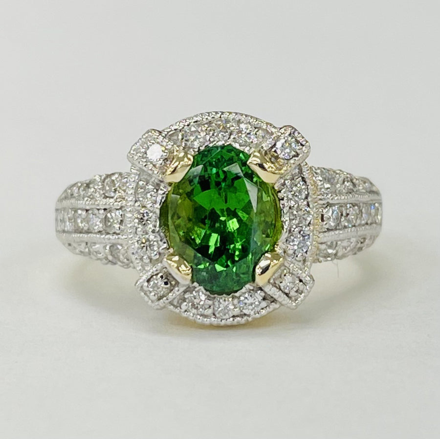 Yellow Gold Vivid Tsavorite Diamond Halo Ring