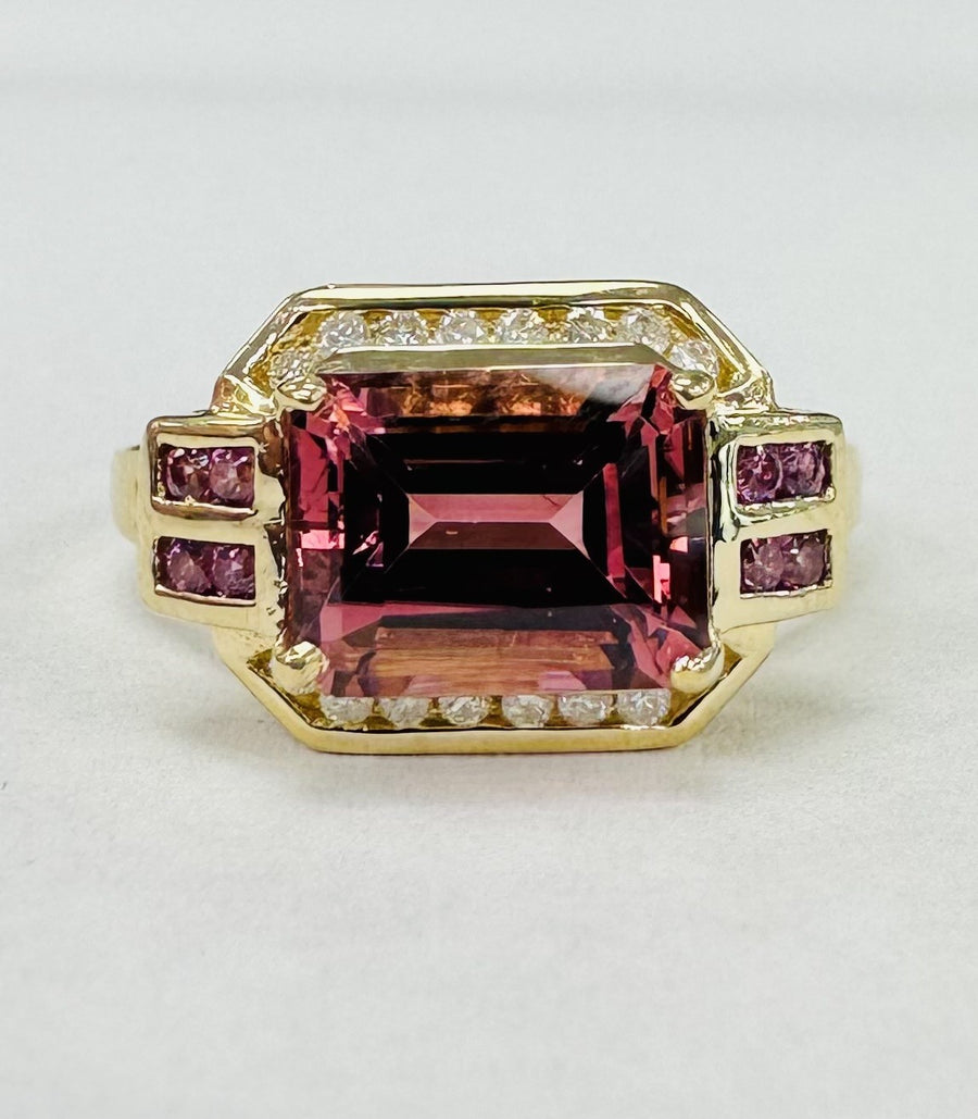 Yellow Gold Pink Tourmaline And Diamond Ring