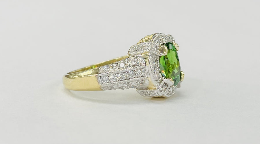 Yellow Gold Vivid Tsavorite Diamond Halo Ring