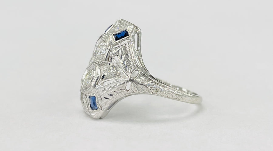 Vintage Art Deco European Diamond And Sapphire Ring