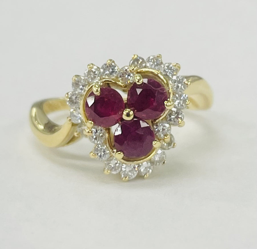 Yellow Gold Three Stone Ruby And Diamond Estate Ring