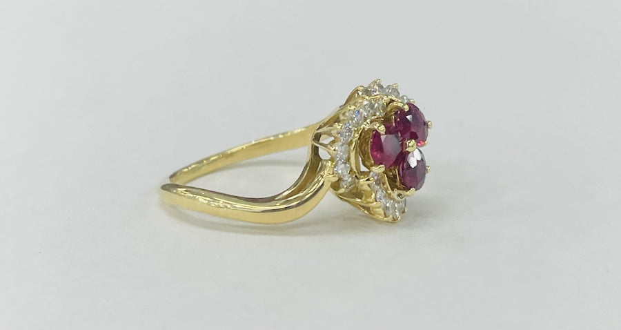 Yellow Gold Three Stone Ruby And Diamond Estate Ring