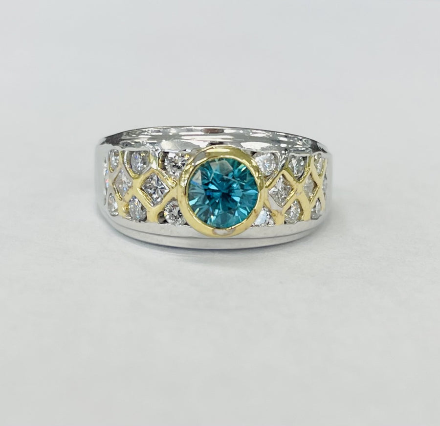 Heavy Estate White/Yellow Gold Blue And WHite Diamond RIng